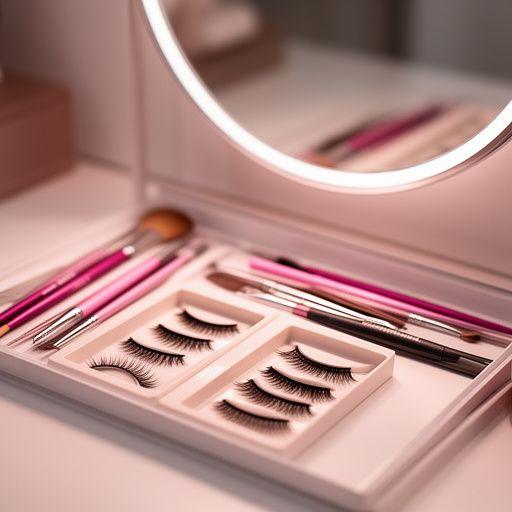 Close-up of an elegant beauty corner with lash trays, brow tools and a mirror under soft light