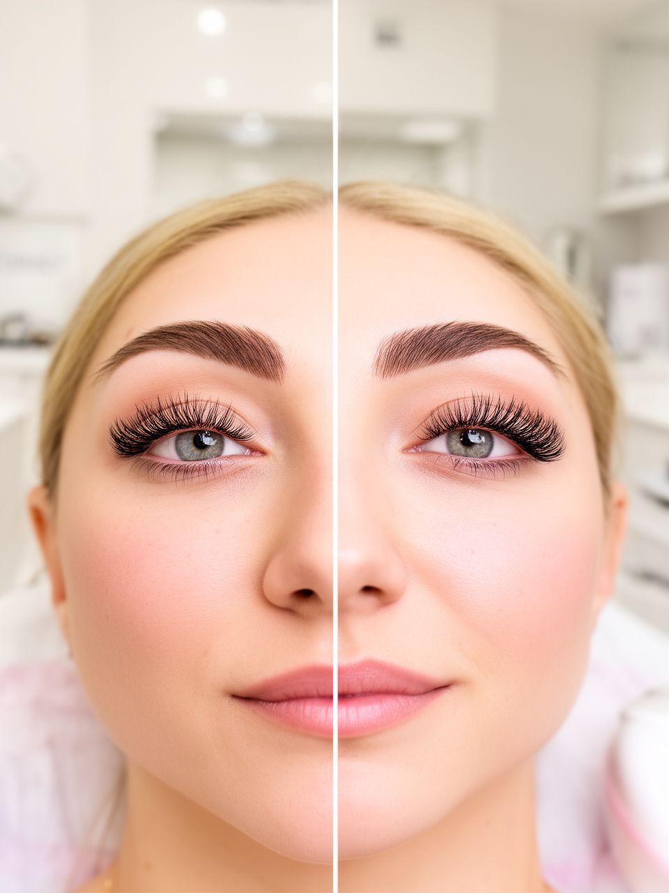 Vorher-nachher Vergleich einer Kundin mit dezenten Classic Lashes und weichem Volumenlook in einem Zürcher Behandlungsraum
