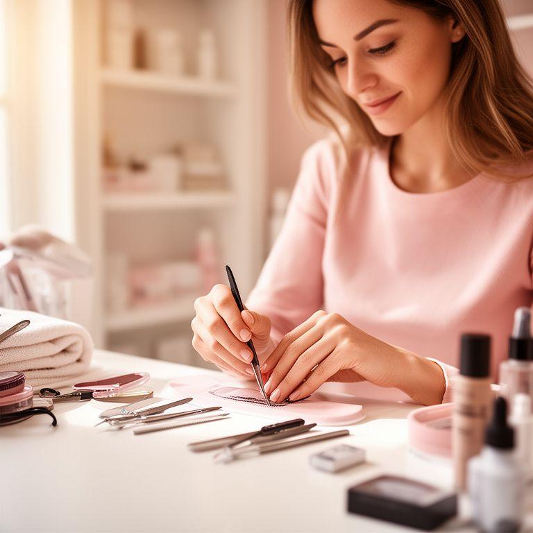 Lash stylist preparing a detailed online appointment desk in a bright Zurich salon with soft pink accents