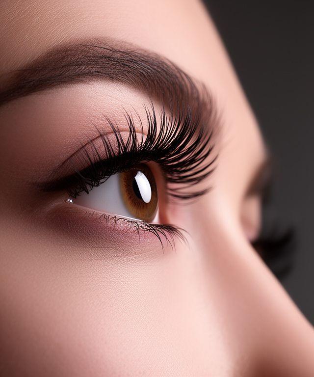 Studioaufnahme mit eleganten Wimpernverlängerungen und präzise getrennten Fasern im Seitenlicht