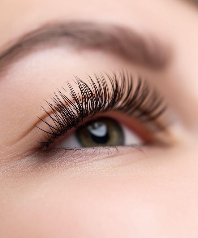 Detailaufnahme von feinen Wimpernfächern auf natürlichem Auge mit weichem Studiohintergrund